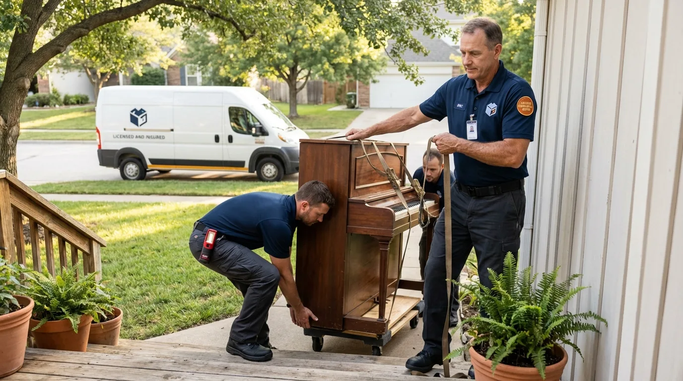 Licensed piano movers securing grand piano in Park Ridge, NJ