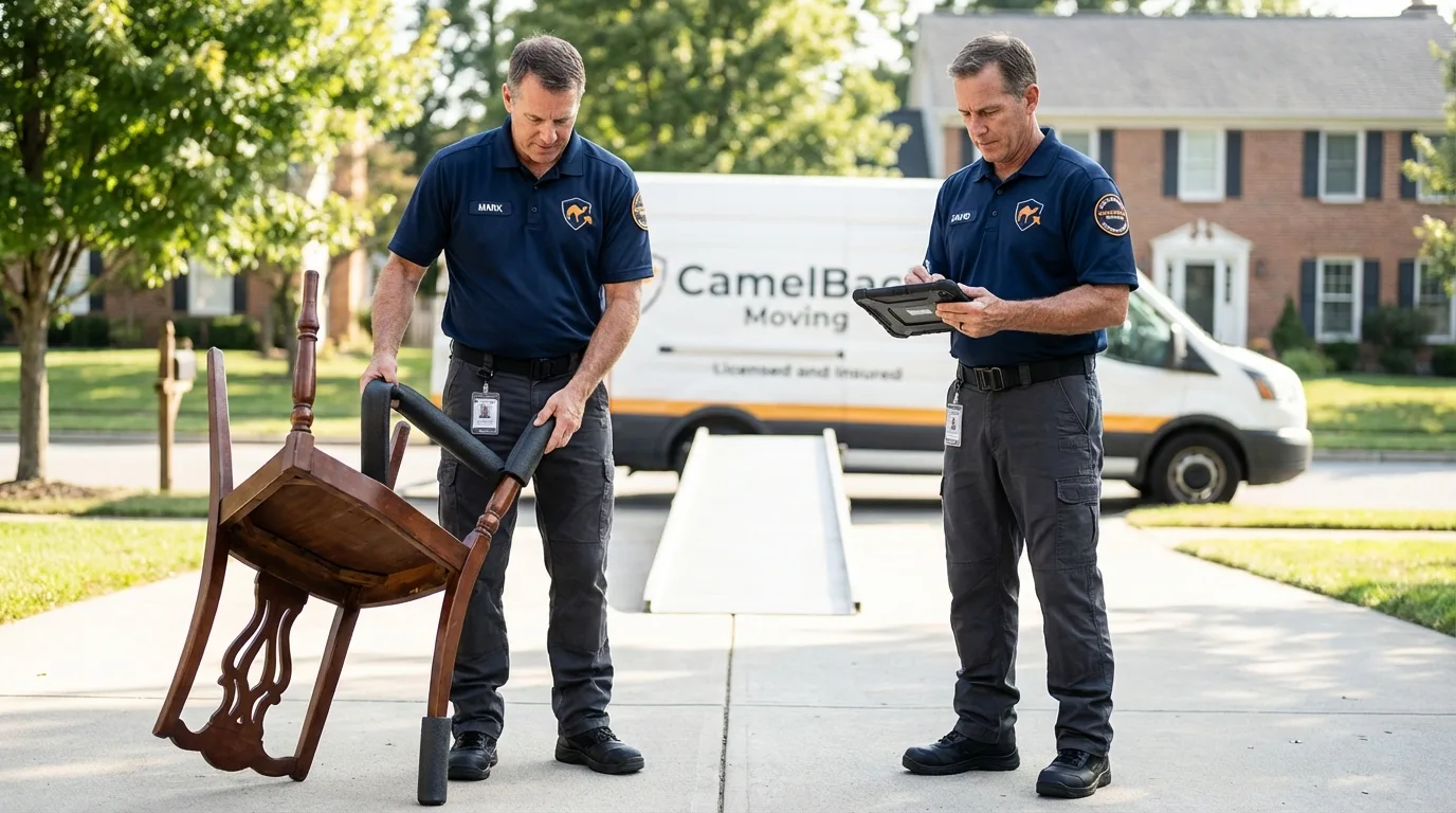 Movers inspecting furniture for damage prevention before loading in Park Ridge, NJ