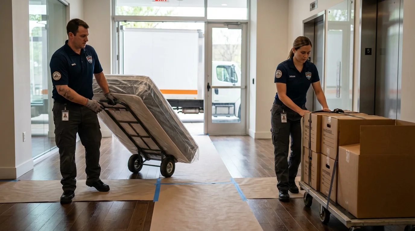 Professional apartment movers loading elevator in Park Ridge, NJ