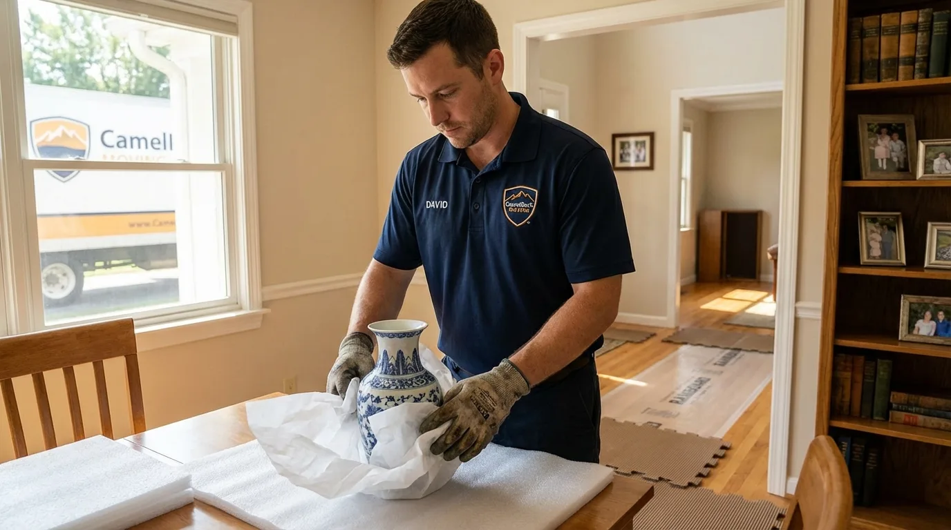 Professional crew carefully wrapping antique vase for senior downsizing move in Park Ridge, NJ